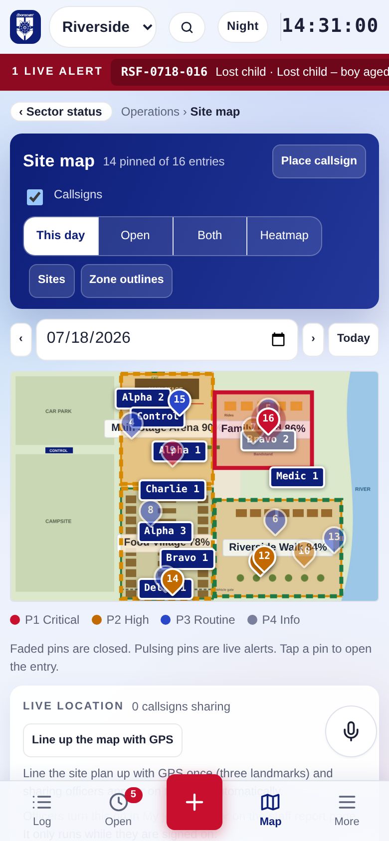 Site map with zones and callsigns on a phone