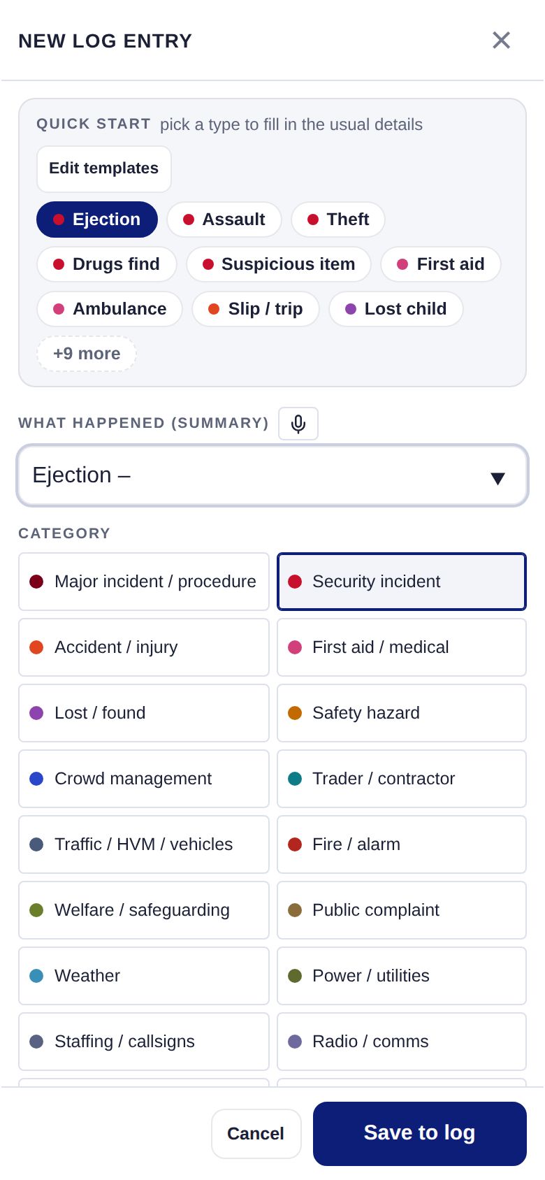New entry form with quick-start templates on a phone
