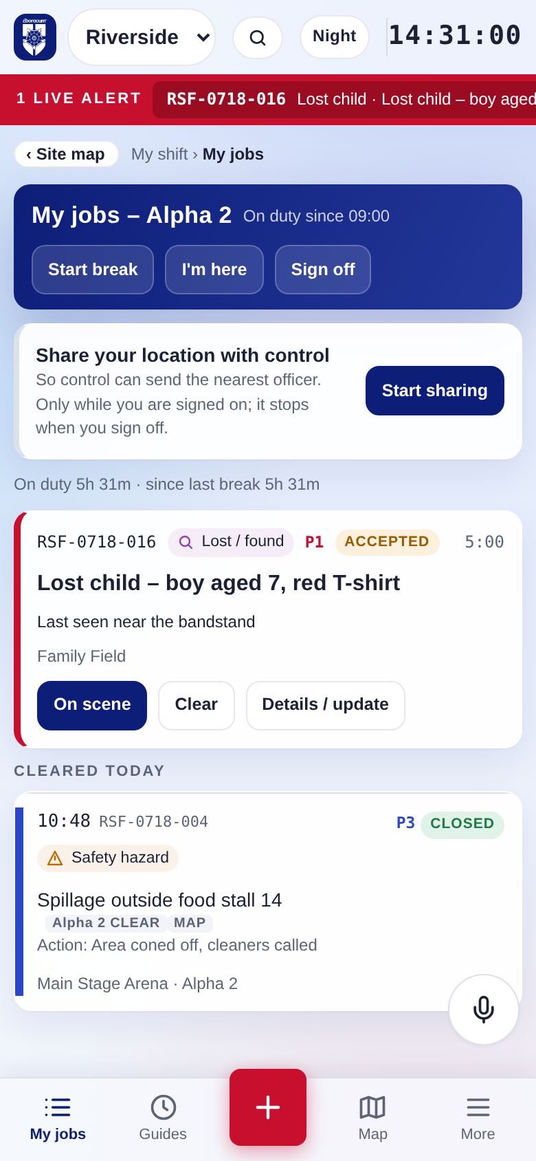 Officer's phone showing My jobs with an accepted P1 lost child job
