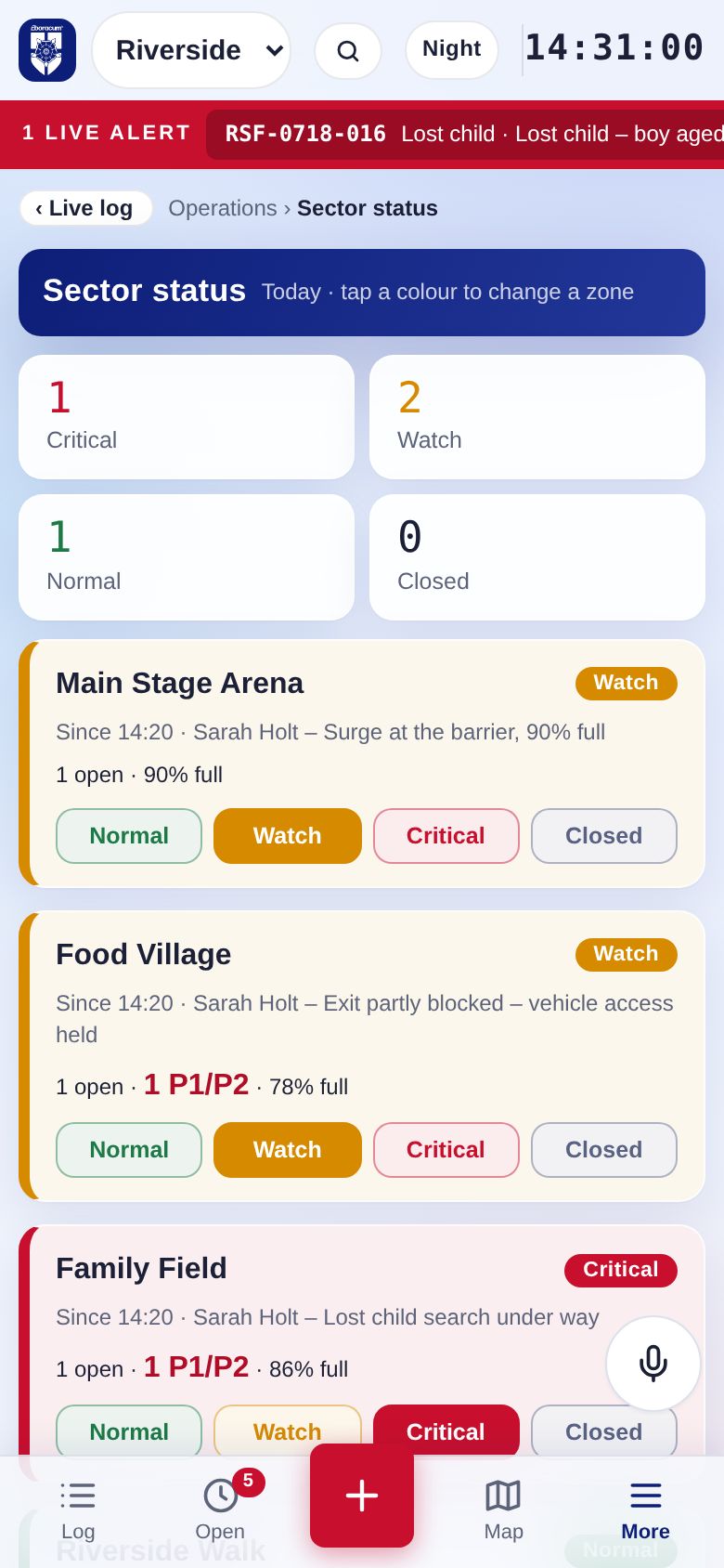Sector status cards on a phone